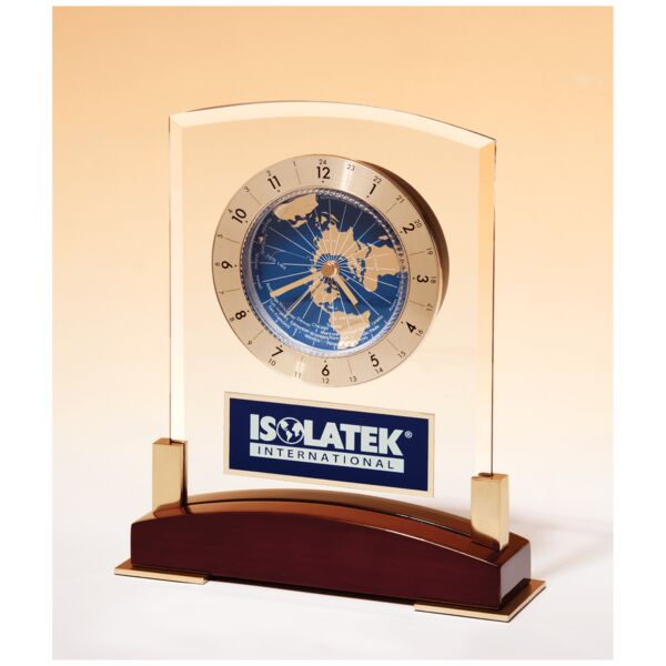 6" x 7 3/4" Glass Clock with World Time Dial on Piano Finish Base, Aluminm Plate Thumbnail