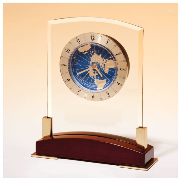 6" x 7 3/4" Glass Clock with World Time Dial on Piano Finish Base-Plate NotIncluded Thumbnail