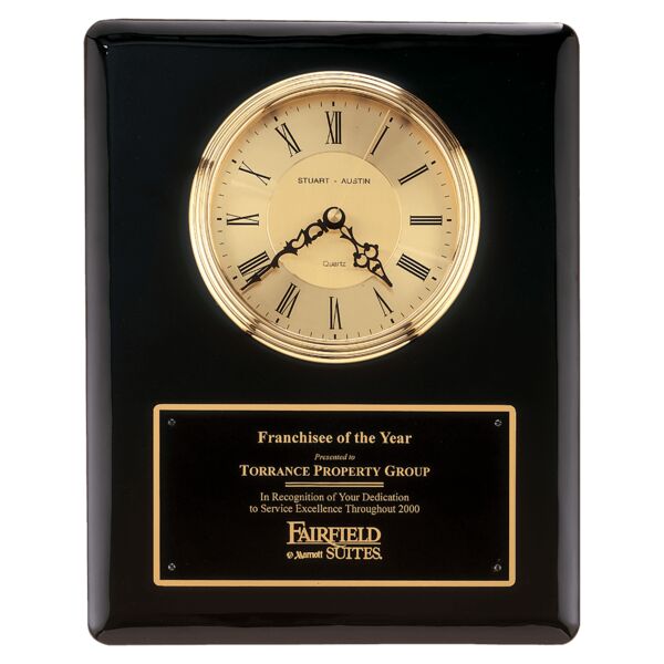 10 1/2" x 13" Piano Finish Clock, Waterfall Bezel with Glass Lens, Dial, Plate Thumbnail