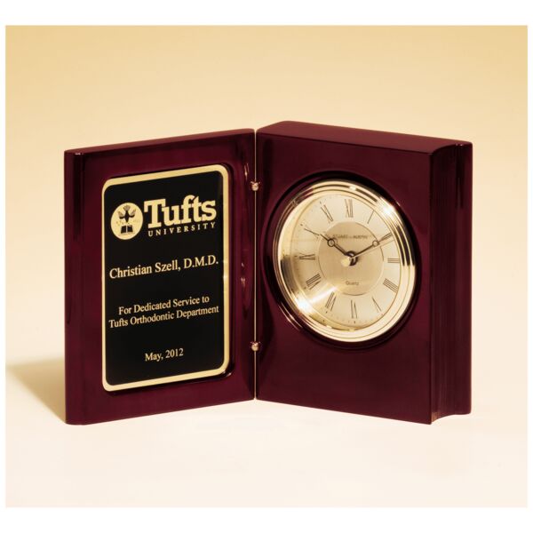 5 3/8" x 4 1/4" Piano Finish Book Clock w/Diamond Spun Dial, 3 Hand Movement, Plate Thumbnail
