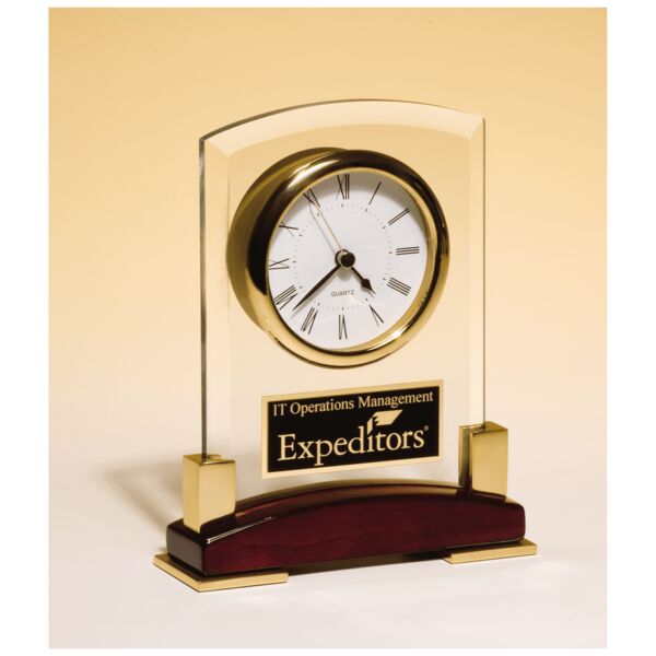 6 x 7 3/4" Beveled Glass Desk Clock, Piano Finish Base, MetalAccent with Plate Thumbnail
