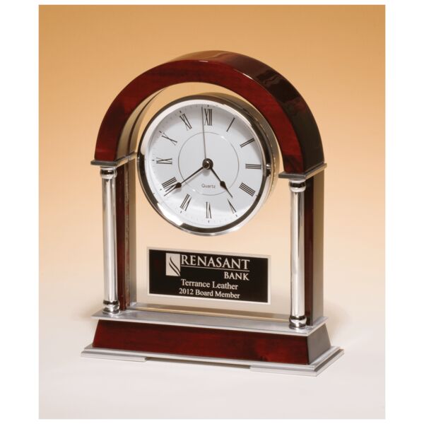 8 1/2" x 10 1/2" Piano Finish Mantle Clock, Plated Posts, Accents with Plate Thumbnail