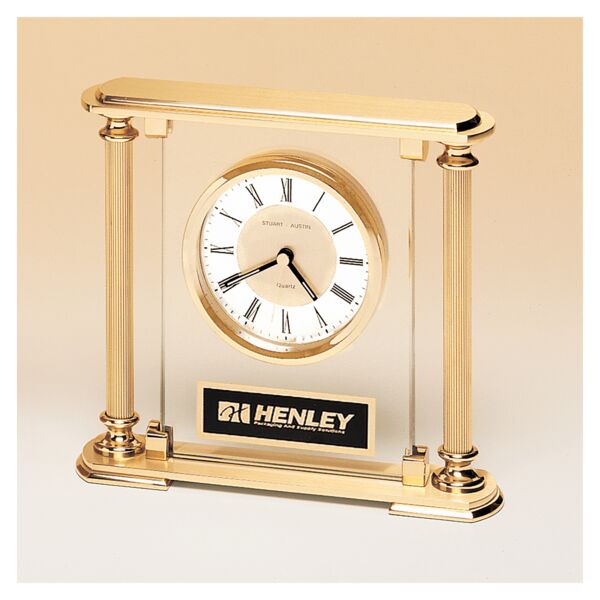 6 5/8" x 7 1/4" Glass Upright with Feet & Top, Metal Goldtone Columns, Diamond Spun Dial, 3 Hands with Plate Thumbnail