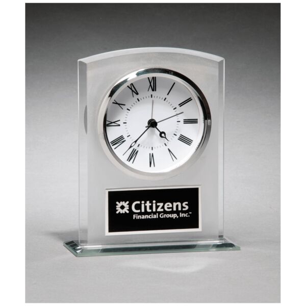 5" x 6 1/4" Glass Clock with Frosted Top, Polished Edge and Base with Plate Thumbnail