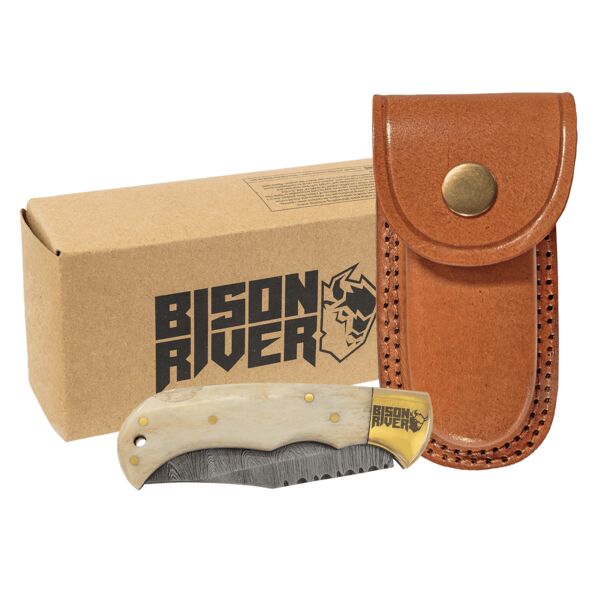 Bison River 3 3/4" Bone Folding Knife with Damascus Steel Blade and Leather Sheath Thumbnail