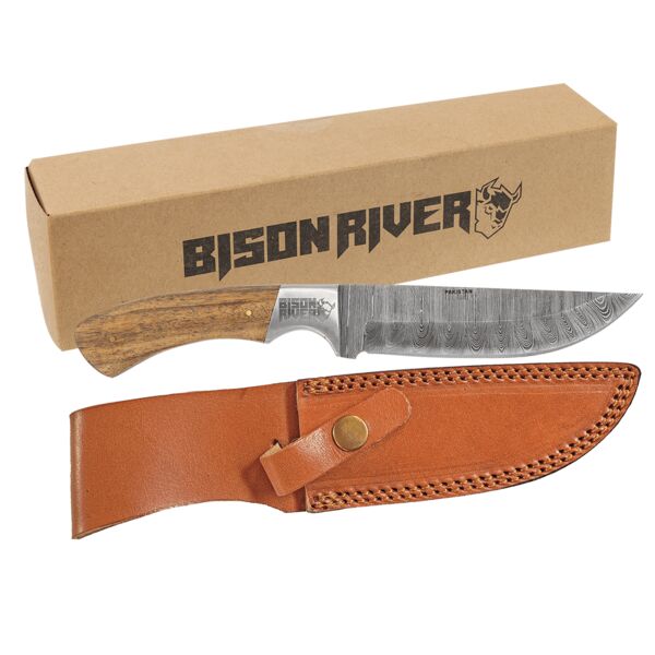 Bison River 9 1/2" Fixed Blade Wood Knife with Damascus Steel Blade and Leather Sheath Thumbnail