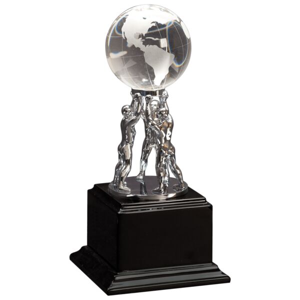 10" Crystal Globe with Men/Stand on Piano Finish Base Thumbnail