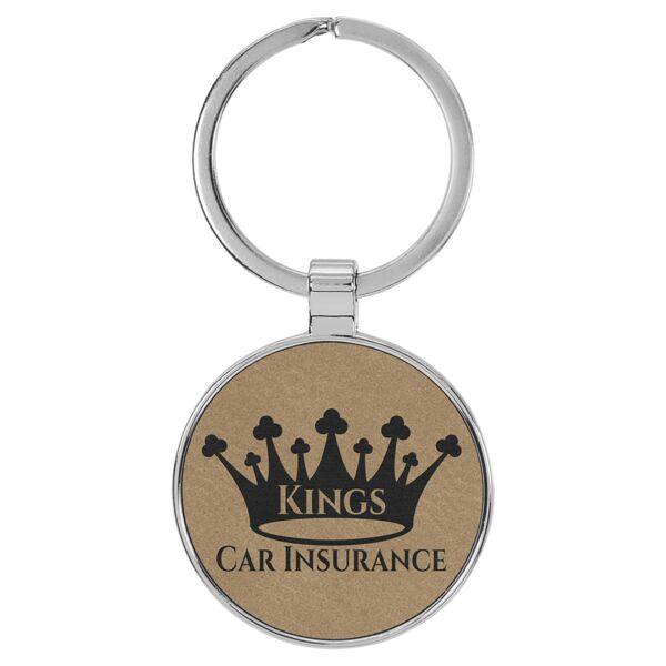 1 1/2" Laserable Leatherette/Metal Round Keychain Thumbnail