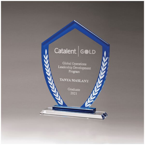 5 7/8" x 8 1/4" Shield Shaped Glass Award with Border and Laurel Leaves Thumbnail