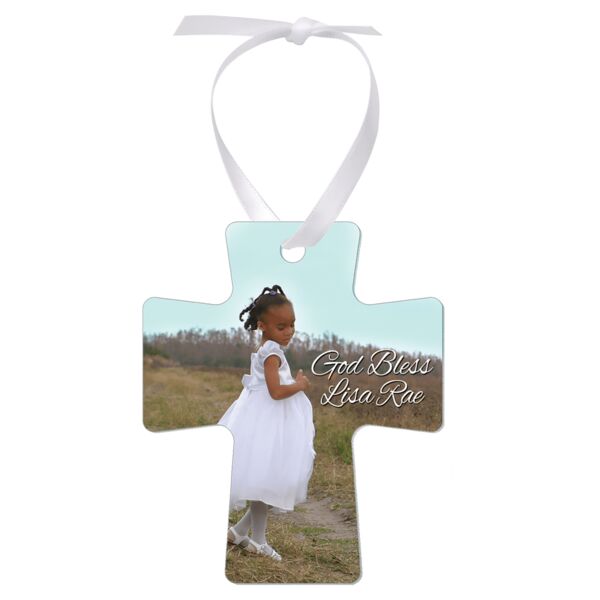 3" x 3.5" Gloss Unisub Aluminum Cross Ornament, 2-Side w/ Ribbon Thumbnail