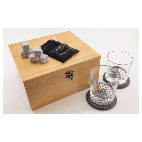 Whiskey Set with Two 9 oz. Glasses, Two 4" Slate Coasters, and Eight Granite Whiskey Stones with Velvet Bag Thumbnail
