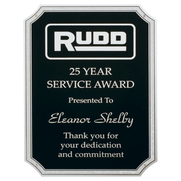 7" x 10" Textured Polished Aluminum Plate with Notched Corners, Florentine Border, and Four Holes Thumbnail