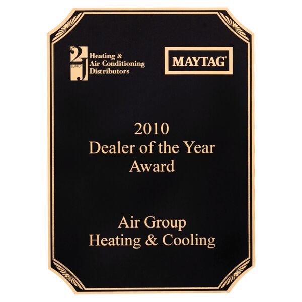 7" x 10" Laser Engravable Brass Plated Steel Plate with Notched Sunburst Design Corners, Border and Four Holes Thumbnail