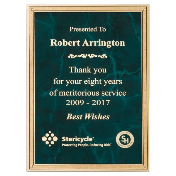 6" x 8" Emerald Marble Brass Plated Steel Plate with 4 Holes and Florentine Border Thumbnail