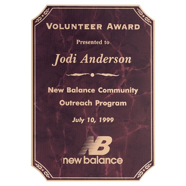 6" x 8 1/2" Airflyte Brass Plated Steel Ruby Marble Notched Corner Plate with Border and Four Holes Thumbnail