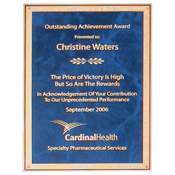 5 1/2" x 7 1/4" Laser Engravable Brass Plated Steel Sapphire Marble Plate with Florentine Border Thumbnail